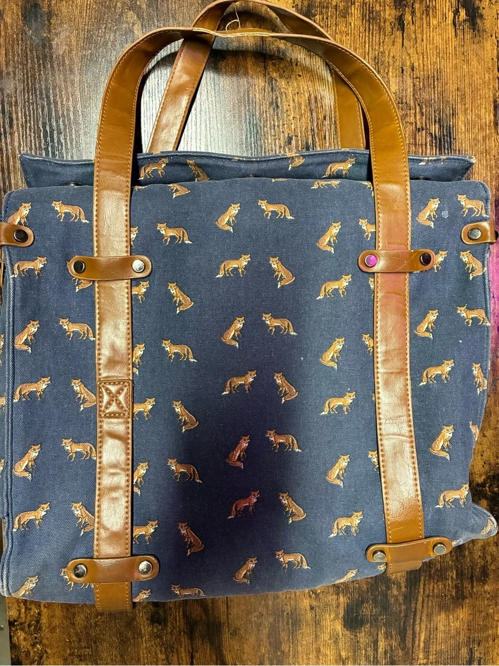 RARE Nila Anthony Vintage Button Clip Shopper Tote w/ Fox Print Brass Hardware